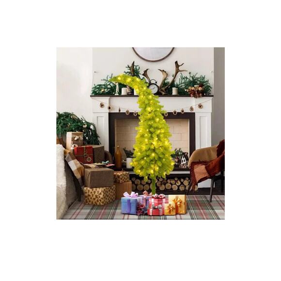 5FT Hinged Fir Artificial Bent Top Christmas Tree Santa Hat Style Holiday Decor - Picture 2 of 7